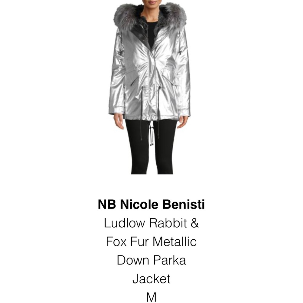 Nicole Benisti Silver Metallic Leather Jacket with silver fox fur (removable)